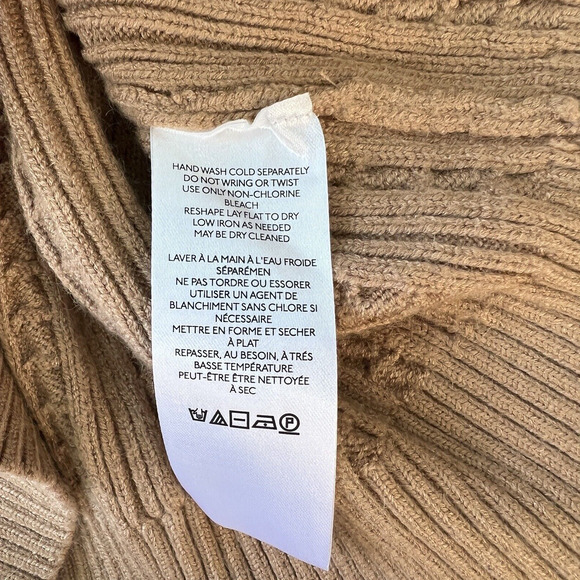 Anthropologie Maeve Tan Cable Knit Crew Sweater Sheer Rose Print Sleeves X Large - Picture 7 of 7